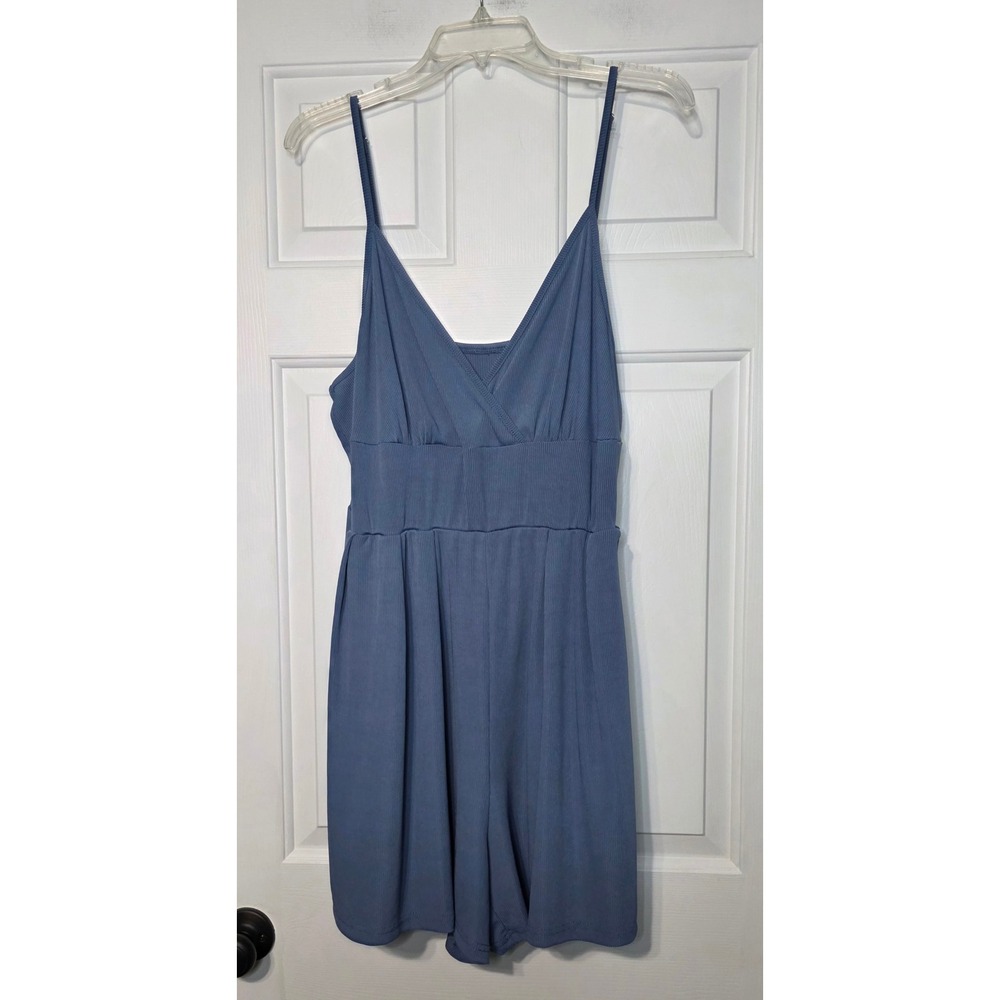 Cider Ribbed Knit Romper Blue V-Neck Adjustable Straps Sleeveless‎ Pocketed